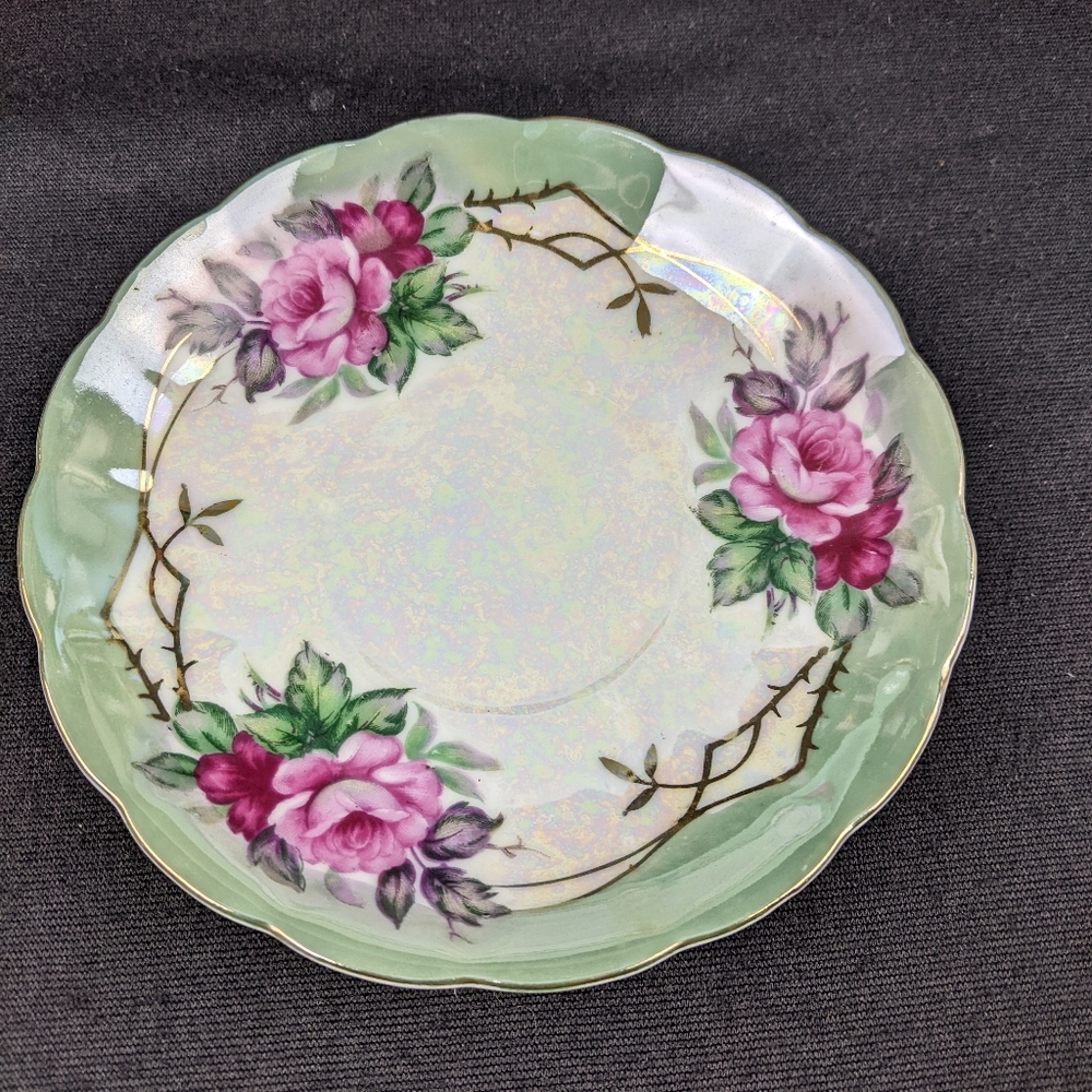 Vintage green pink & gold lefton cabbage rose saucer